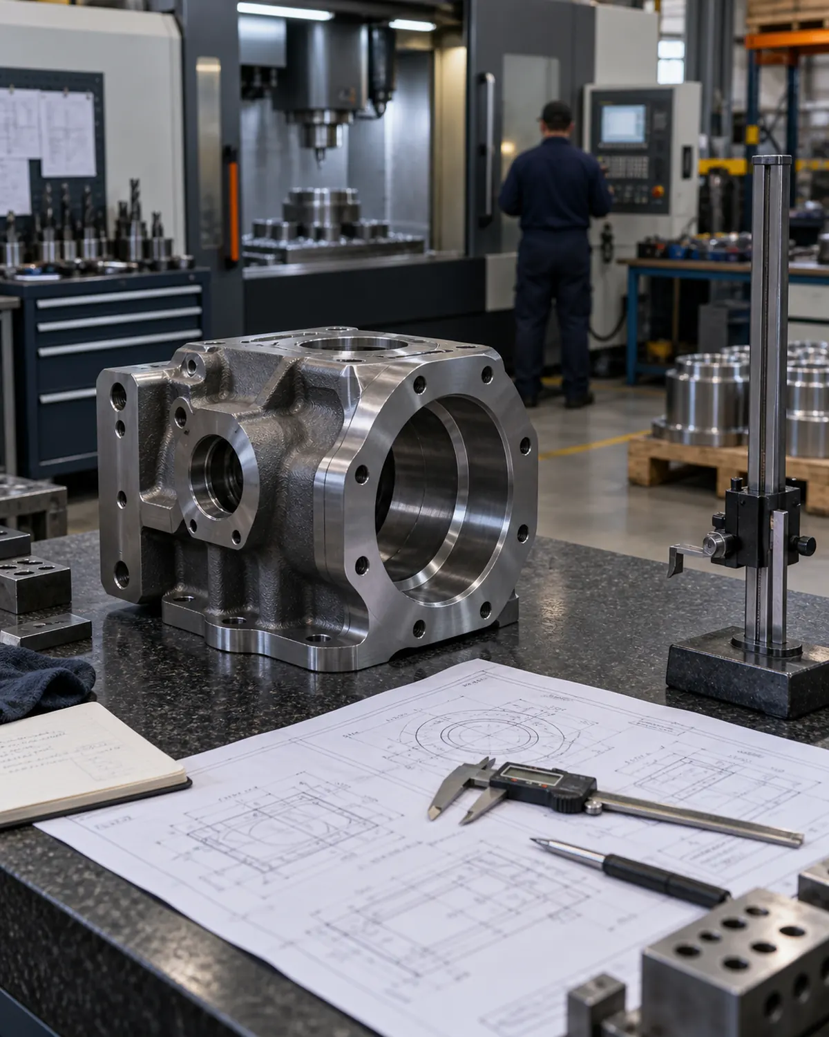 Machined steel housing, drawing and inspection tools in a workshop review scene