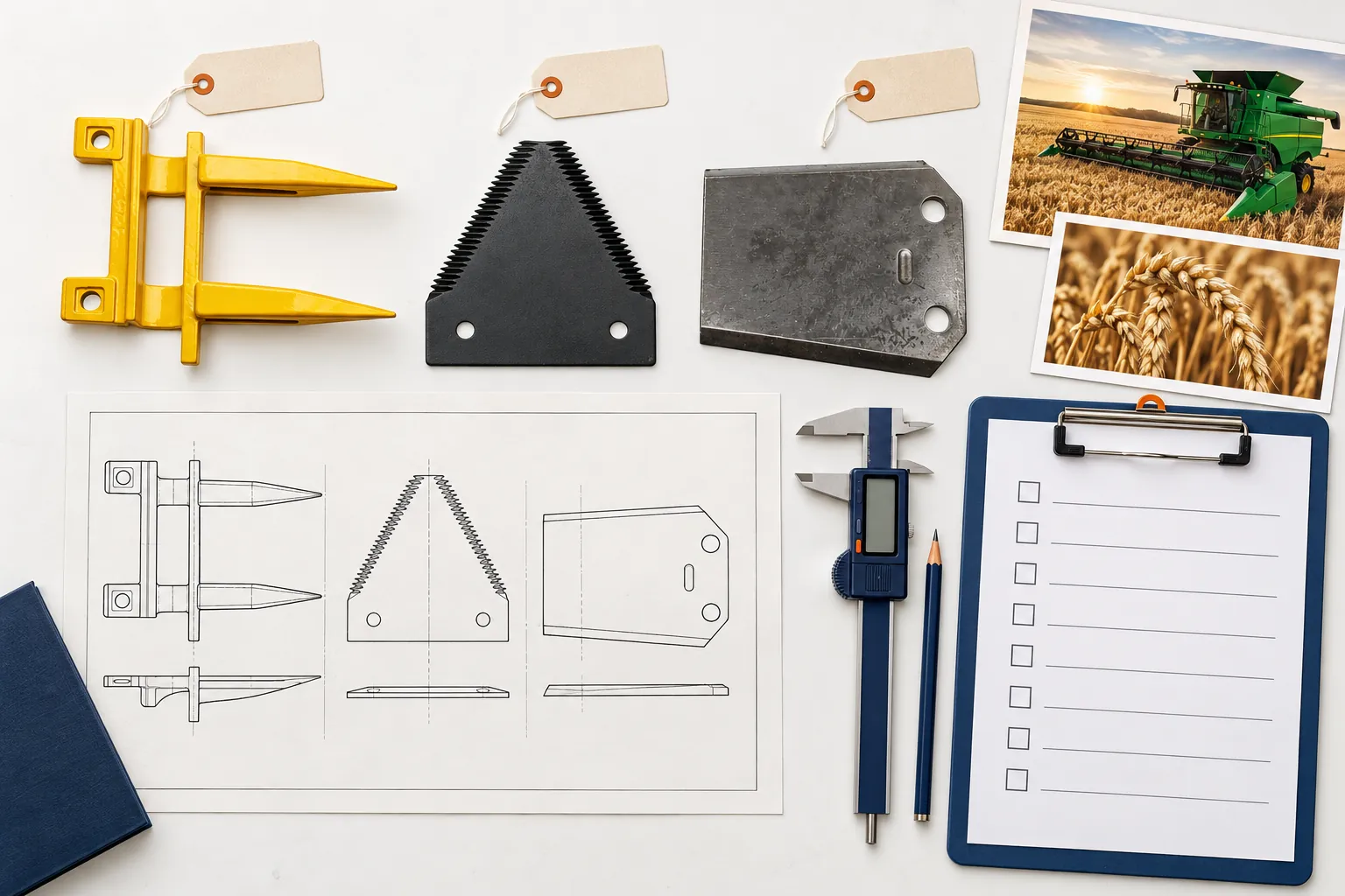 Cutting parts, drawing, caliper and inspection checklist arranged for review