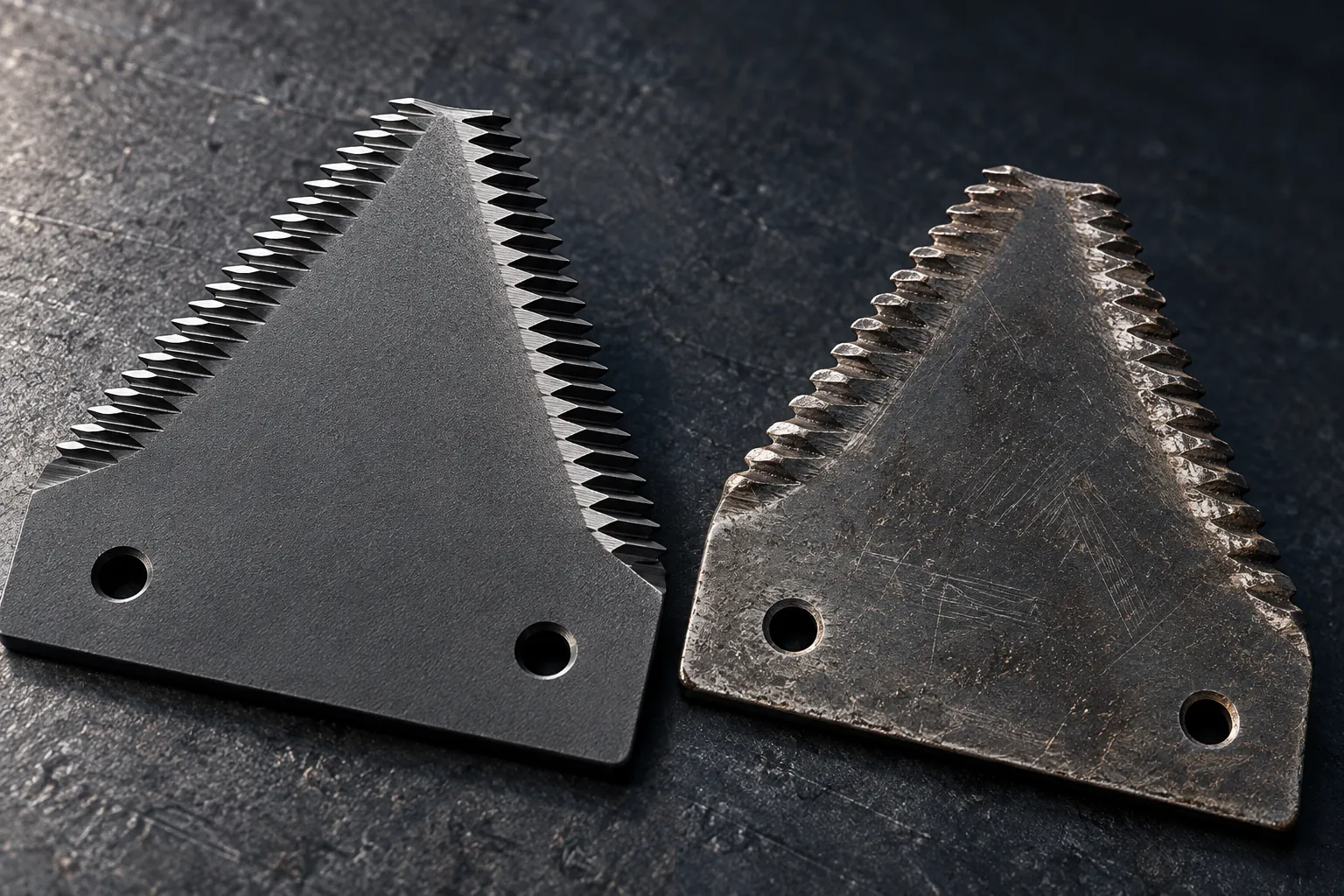 Close comparison of new and worn serrated knife sections