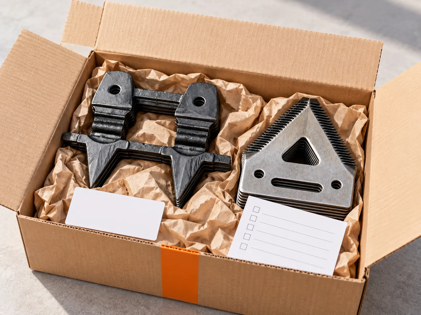 Harvester cutting parts with a packing and delivery checklist