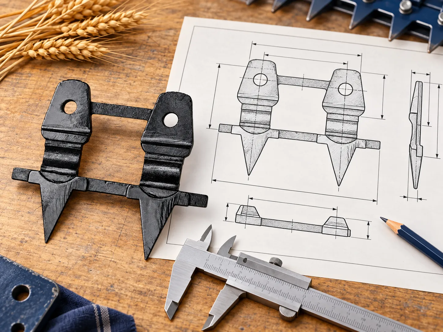 Knife guard beside an engineering drawing and caliper