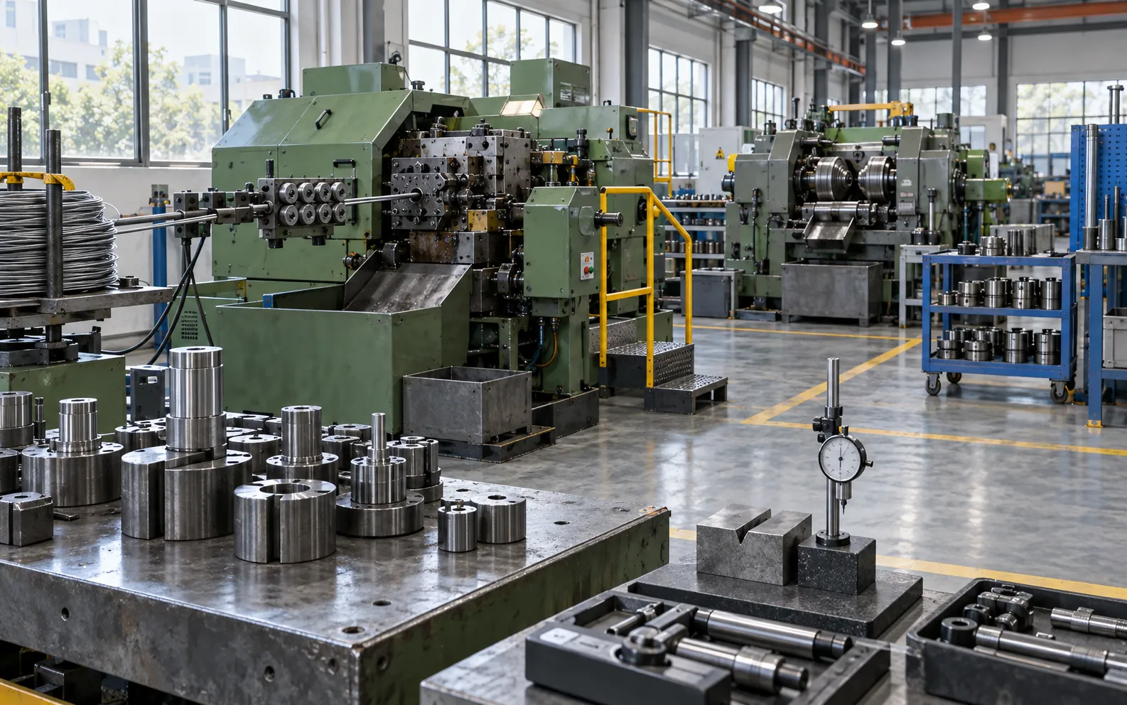 Metal fasteners and equipment on an industrial workbench