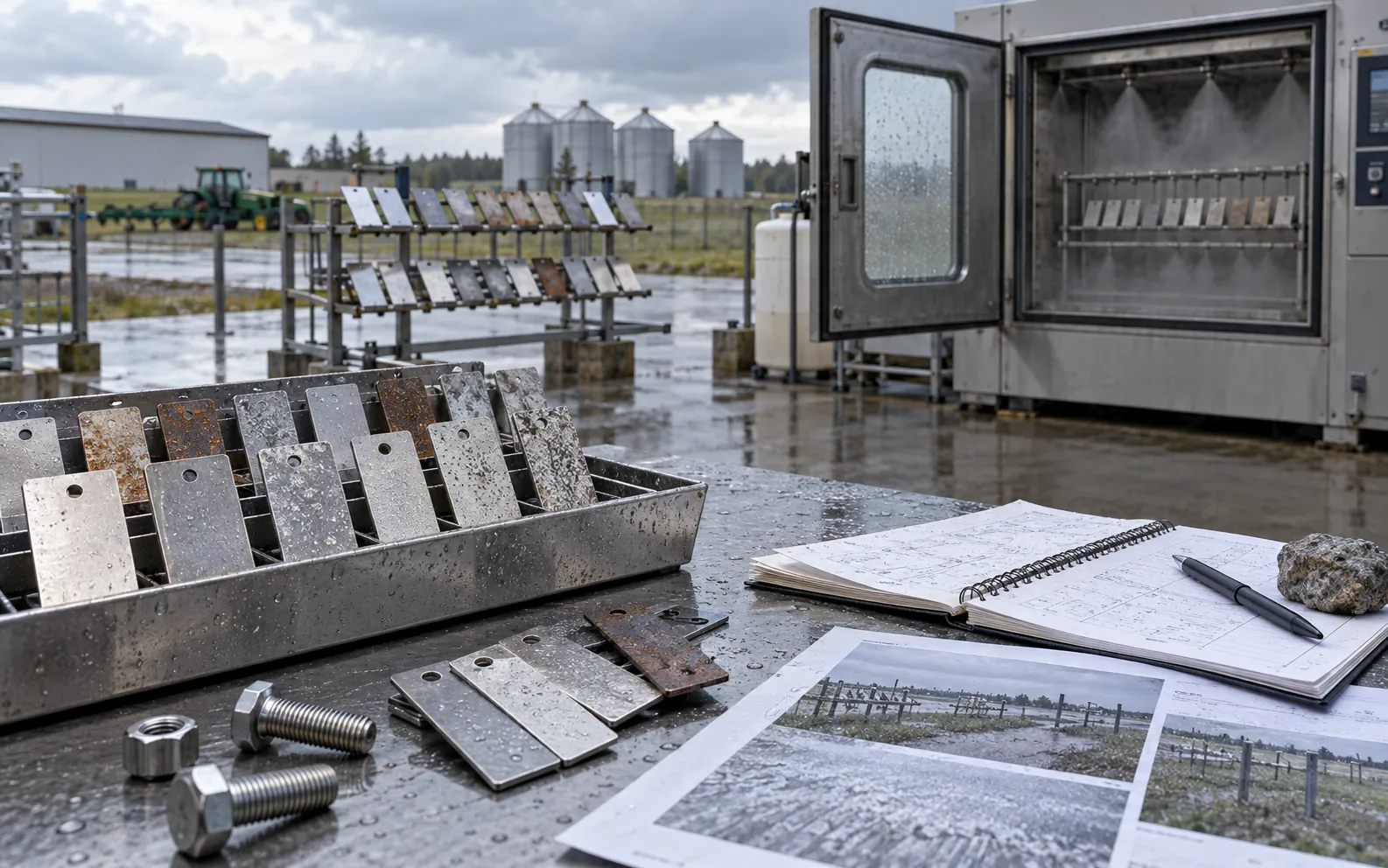 Metal fasteners and equipment on an industrial workbench