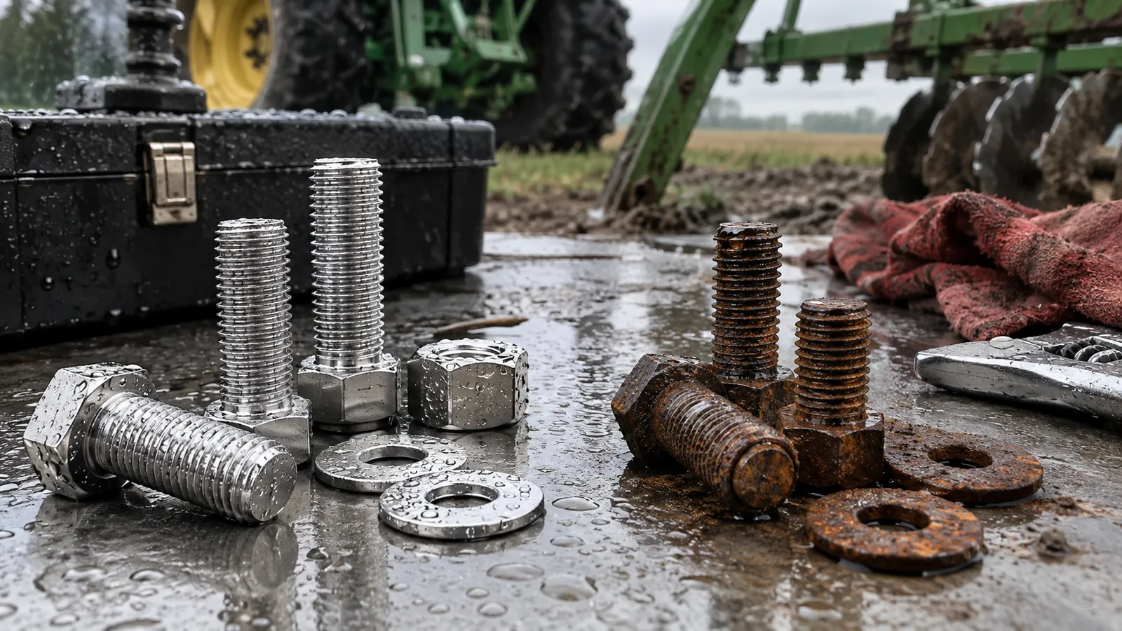 Metal fasteners and equipment on an industrial workbench