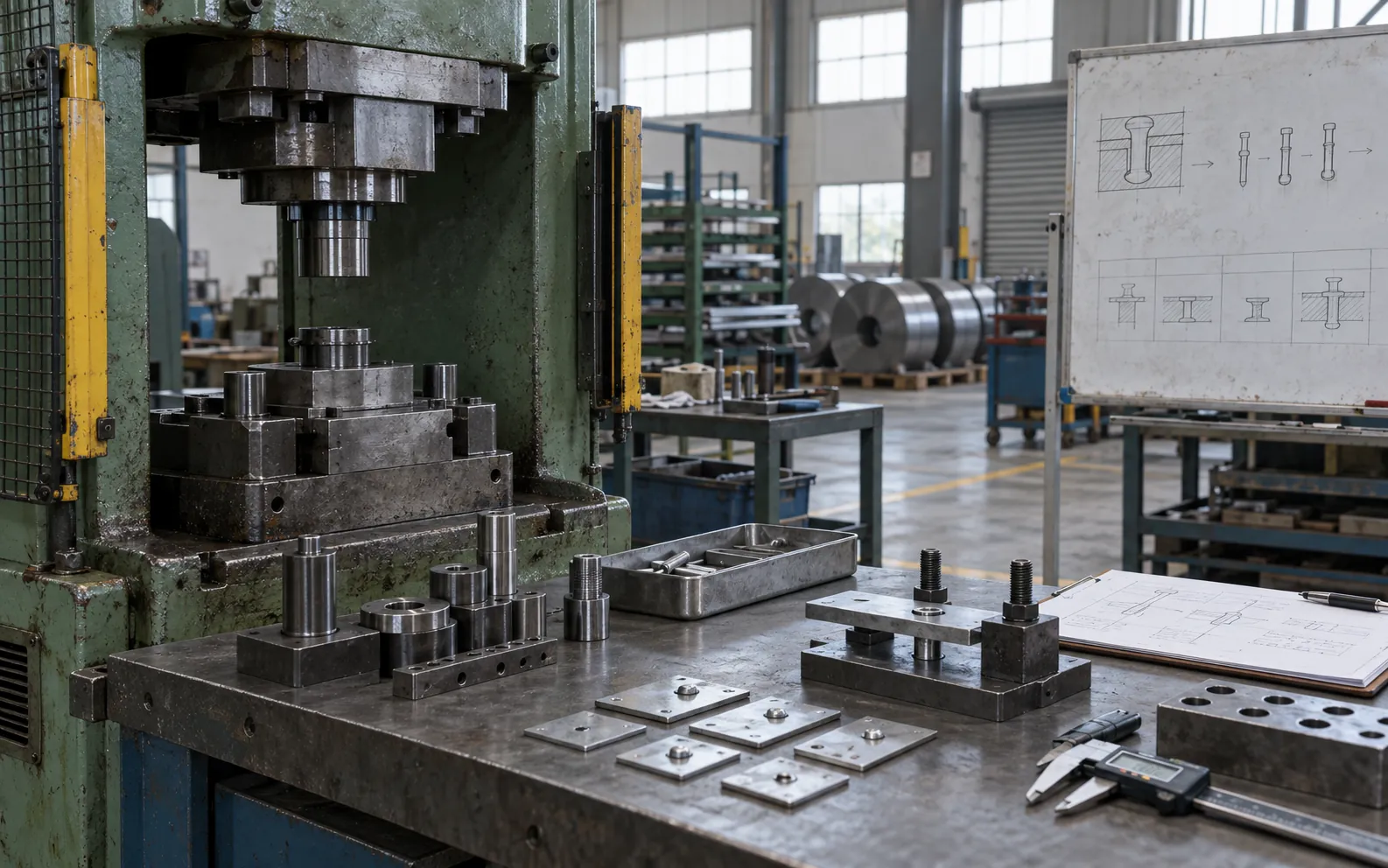 Metal fasteners and equipment on an industrial workbench