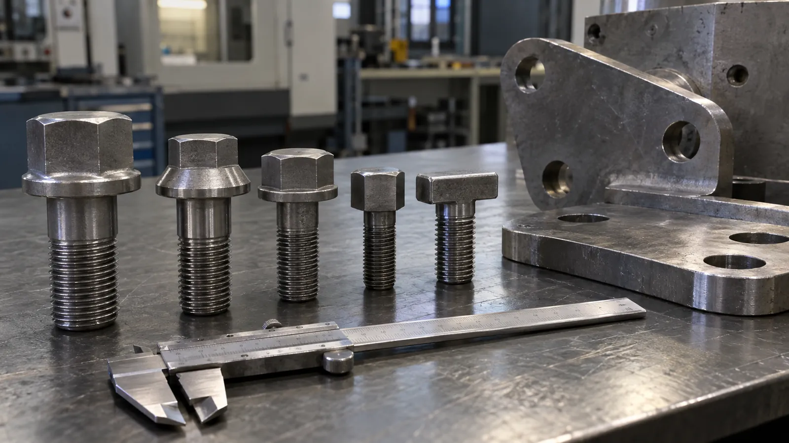Metal fasteners and equipment on an industrial workbench