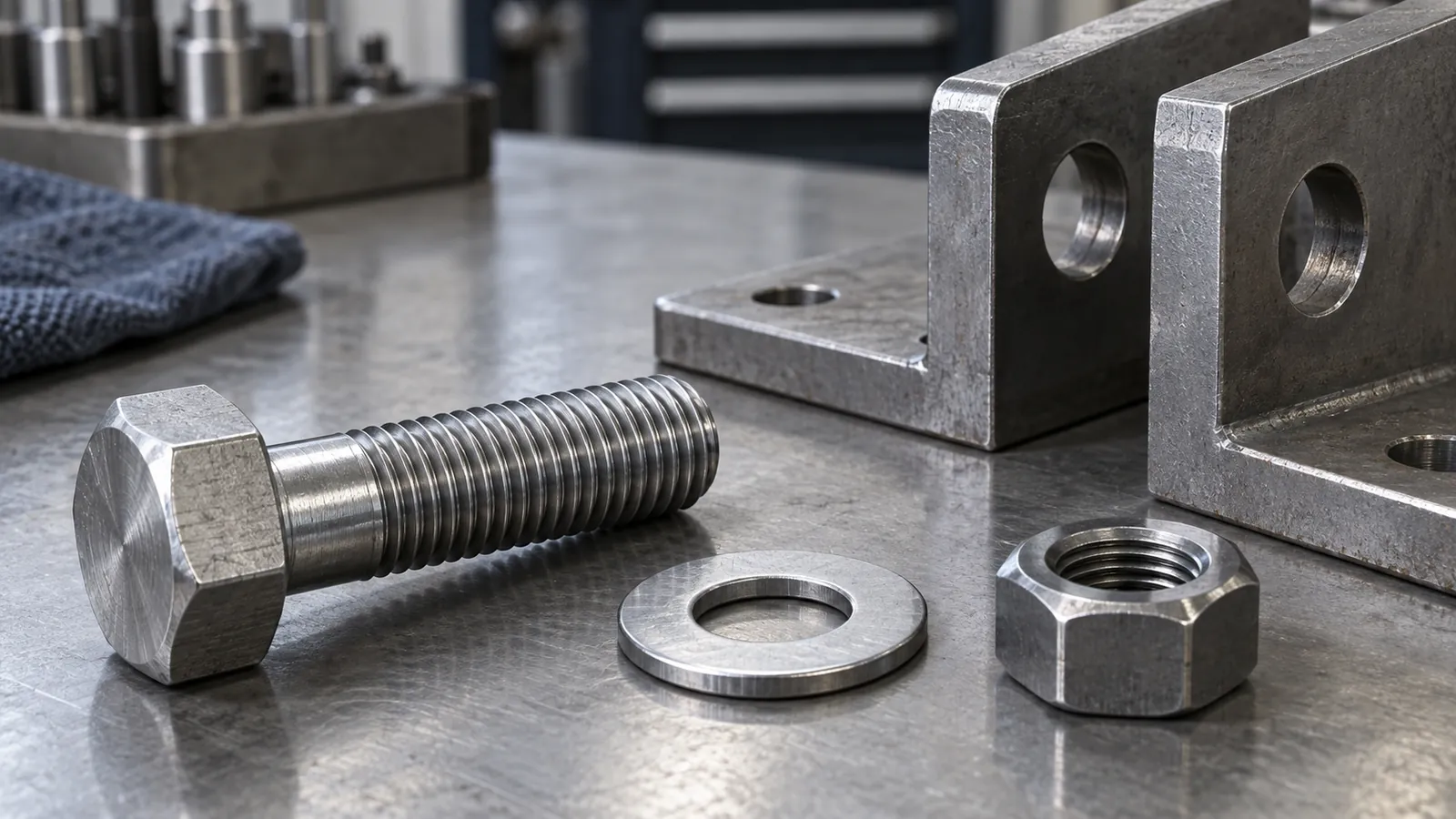 Metal fasteners and equipment on an industrial workbench