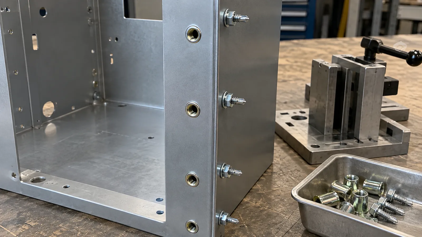 Metal fasteners and equipment on an industrial workbench