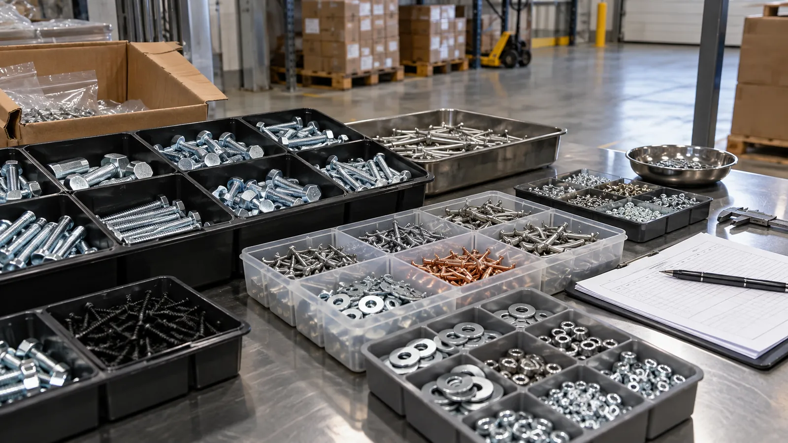Metal fasteners and equipment on an industrial workbench