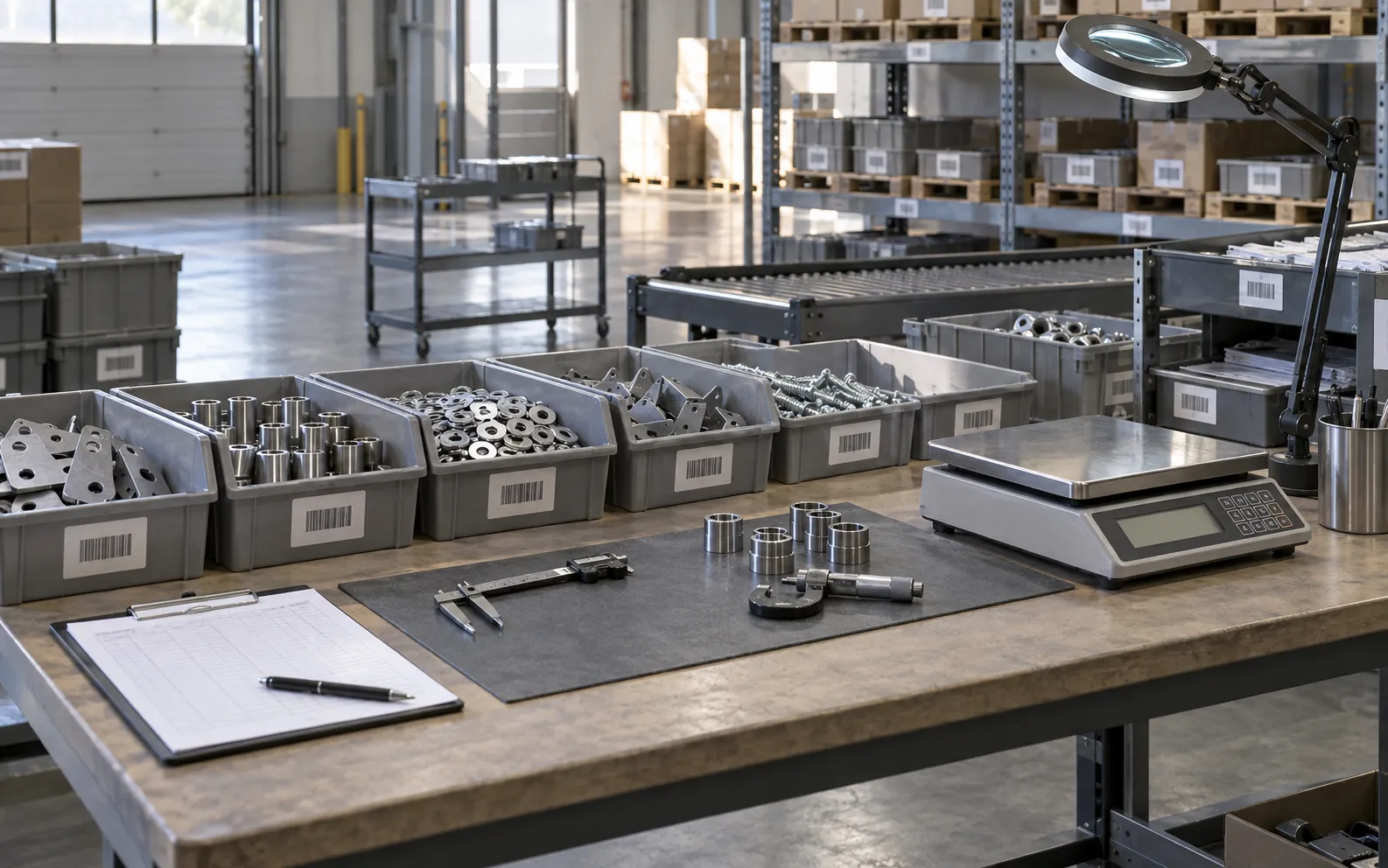 Metal fasteners and equipment on an industrial workbench