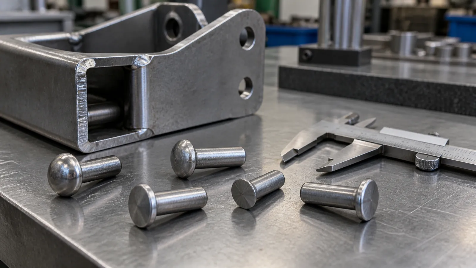 Metal fasteners and equipment on an industrial workbench