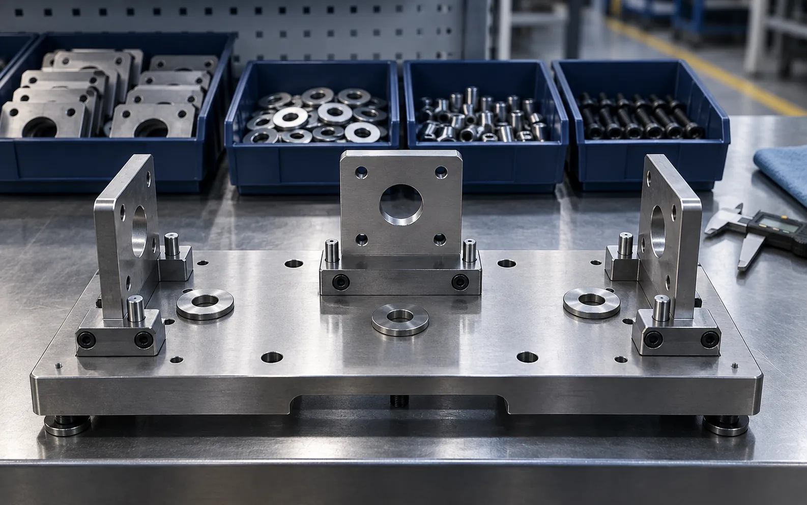 Metal fasteners and equipment on an industrial workbench