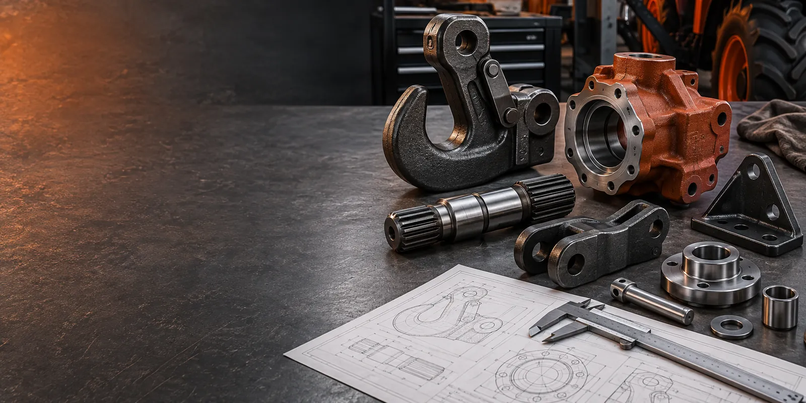 Forged, cast and machined agricultural machinery parts on a technical workbench
