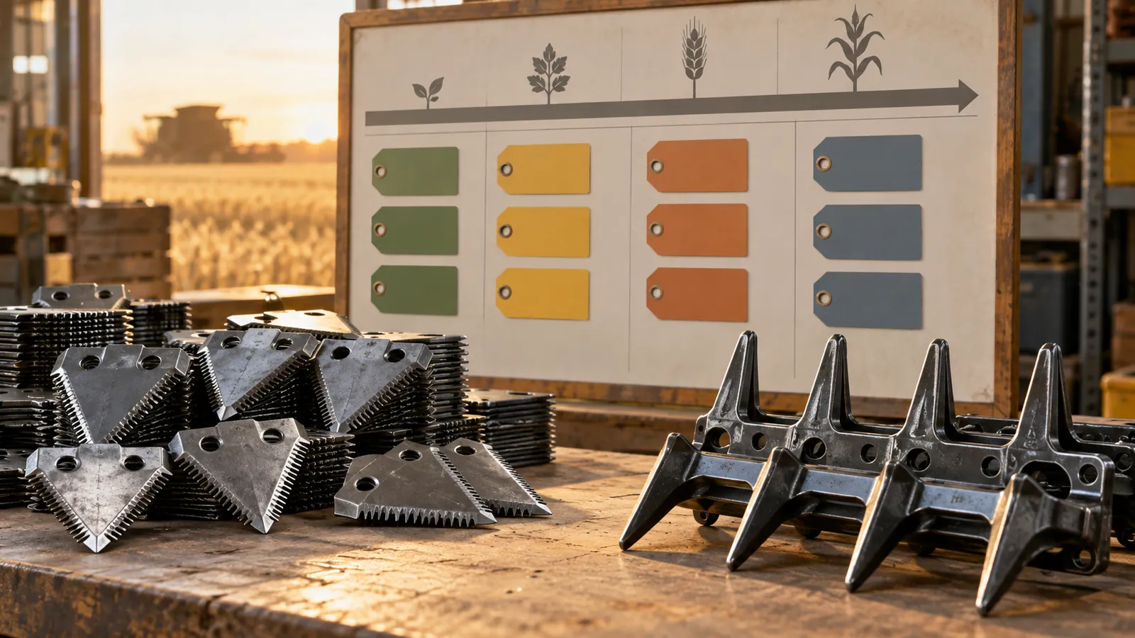 Knife sections and guards organized beside a seasonal planning board