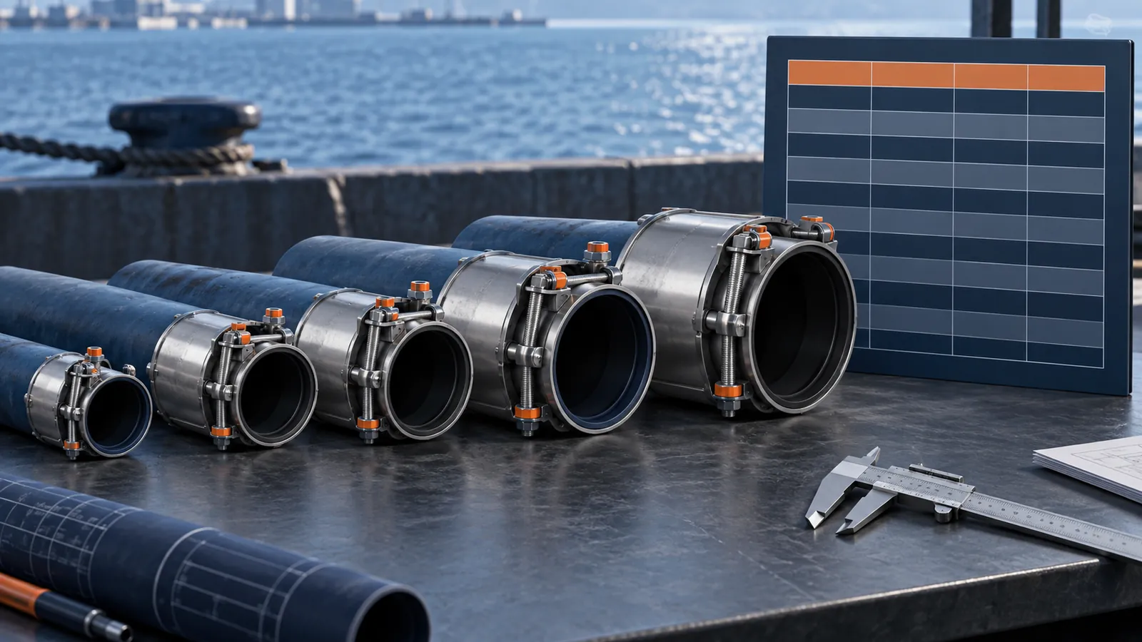 Repair clamps aligned by measured pipe size beside a coverage matrix