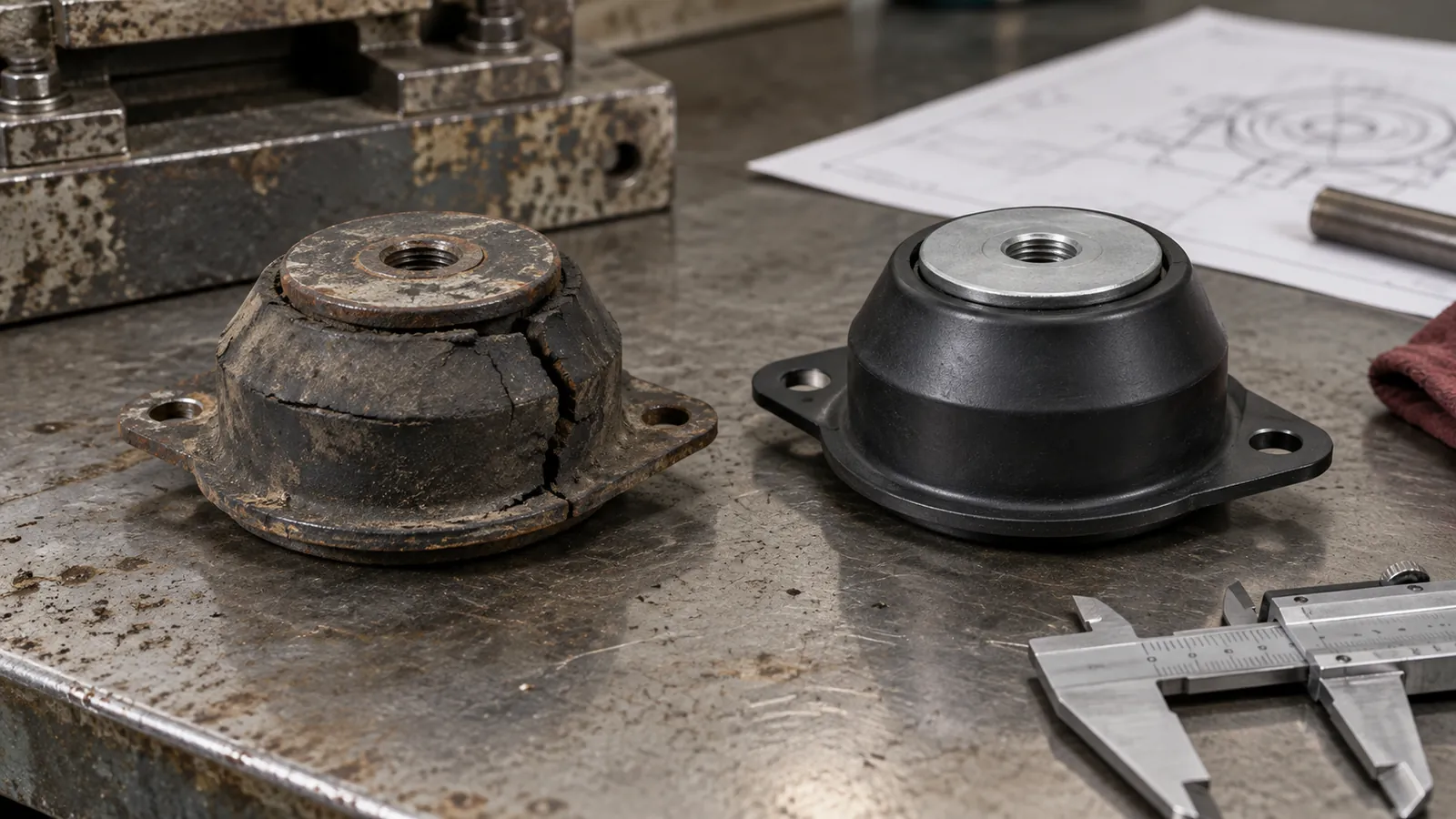Rubber and spring vibration mounts beside industrial equipment