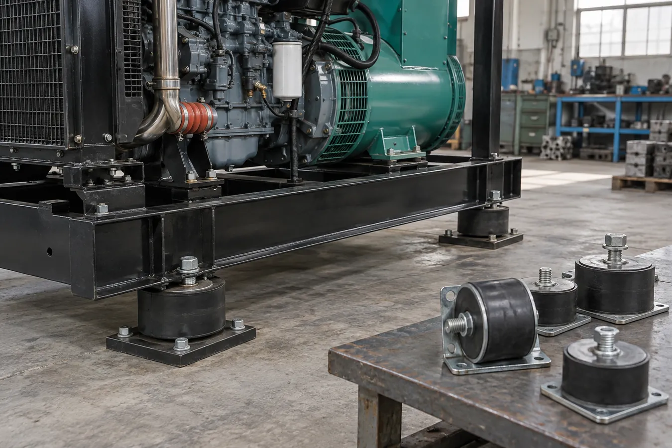 Rubber and spring vibration mounts beside industrial equipment