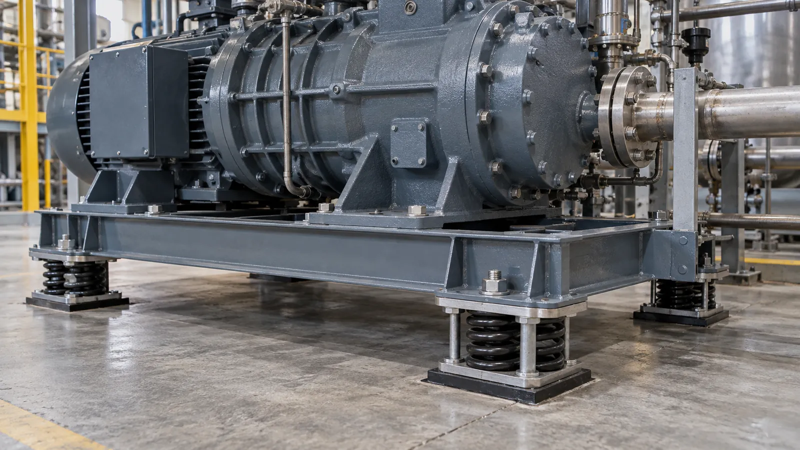 Rubber and spring vibration mounts beside industrial equipment
