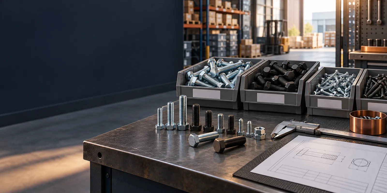 Organized wholesale bolts and screws on an industrial review table