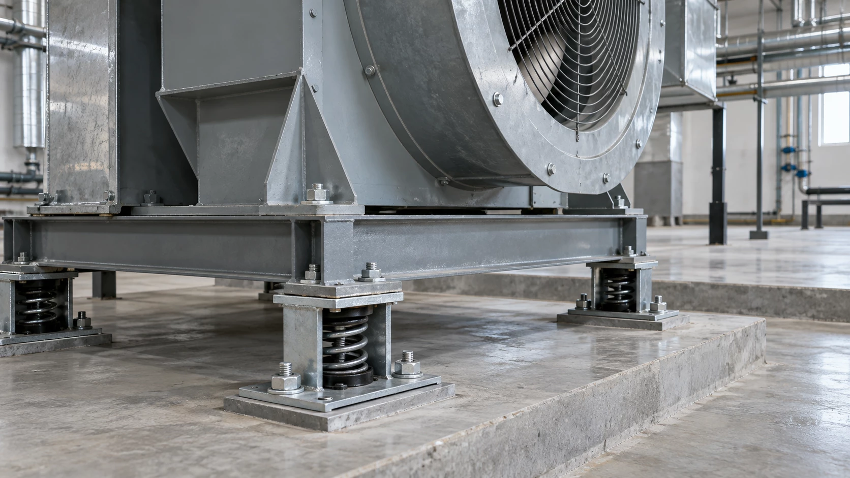 Illustrative view of a floor-mounted HVAC fan on spring isolators; actual dimensions require review