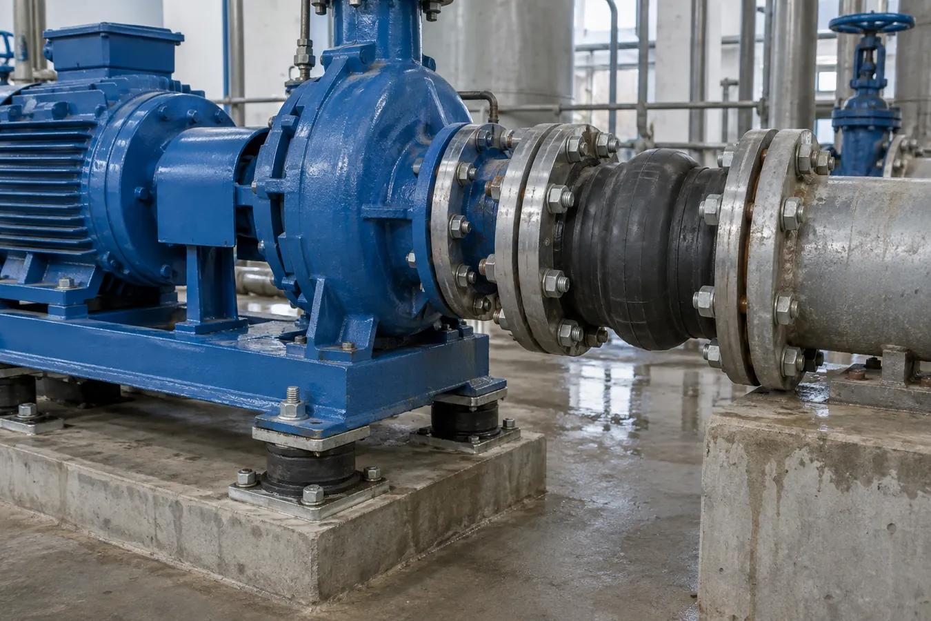 Rubber and spring vibration mounts beside industrial equipment
