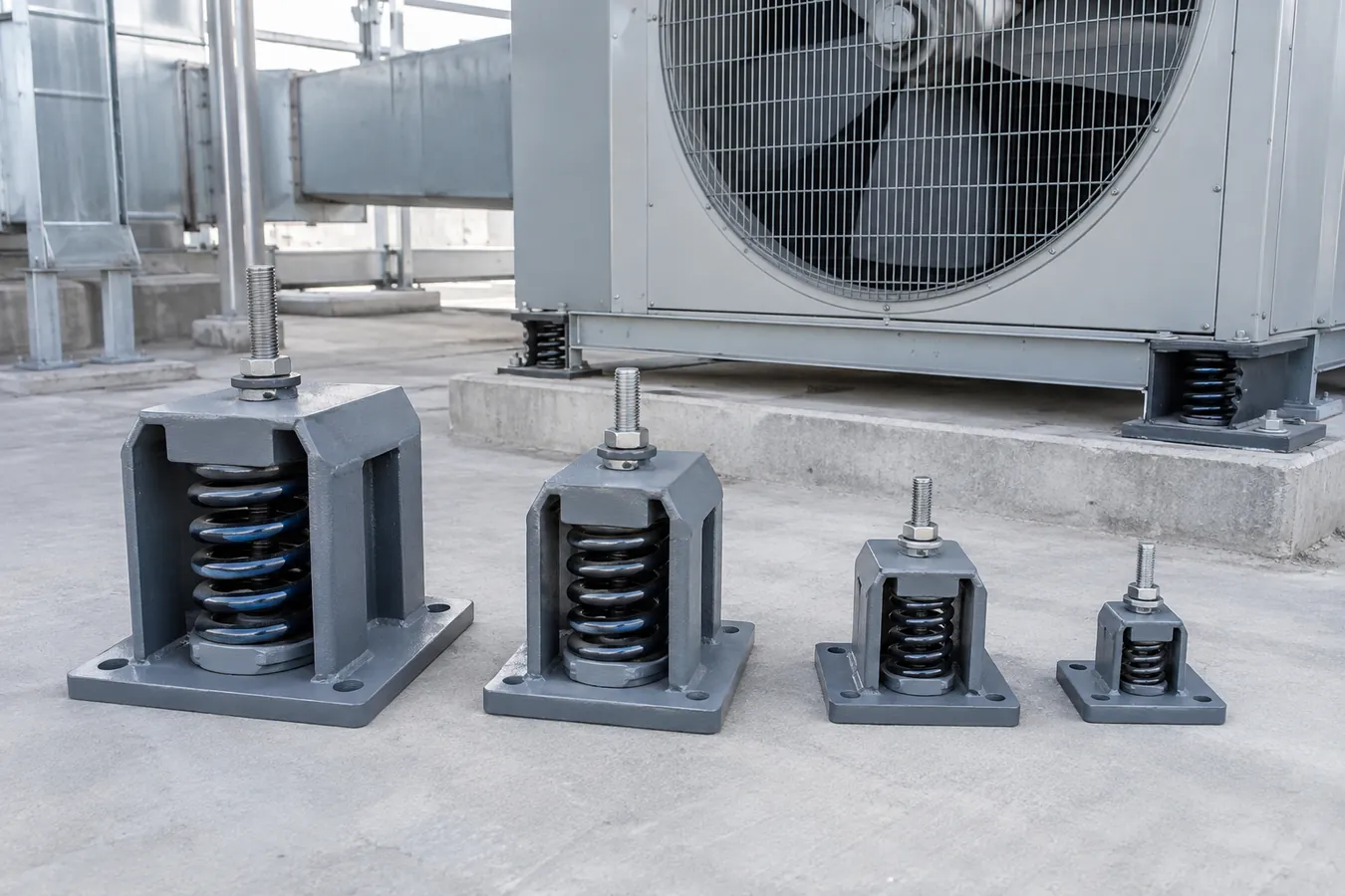 Rubber and spring vibration mounts beside industrial equipment