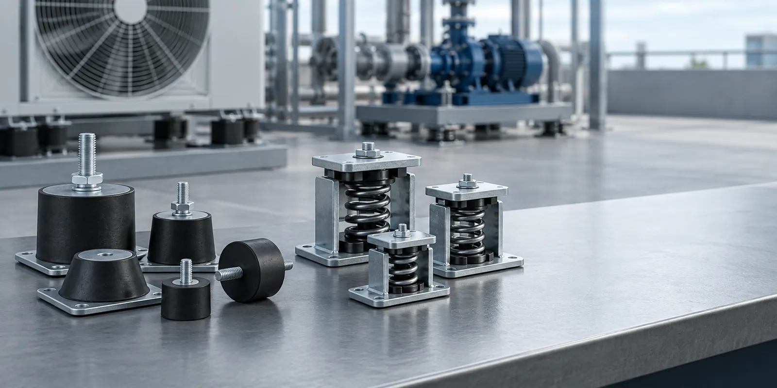 Rubber vibration mounts and spring isolators arranged for equipment-parts review