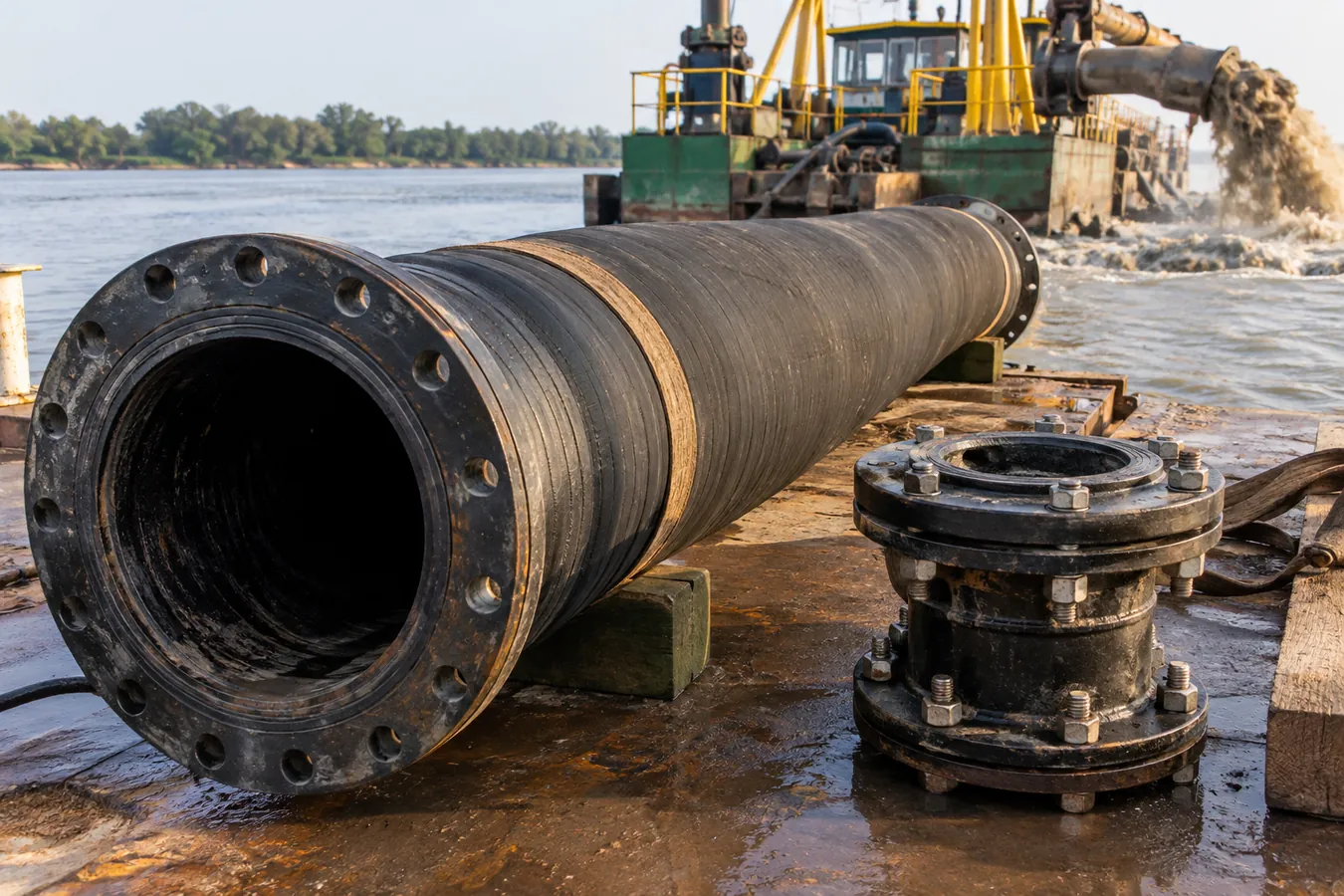 Heavy dredging hoses beside working water equipment