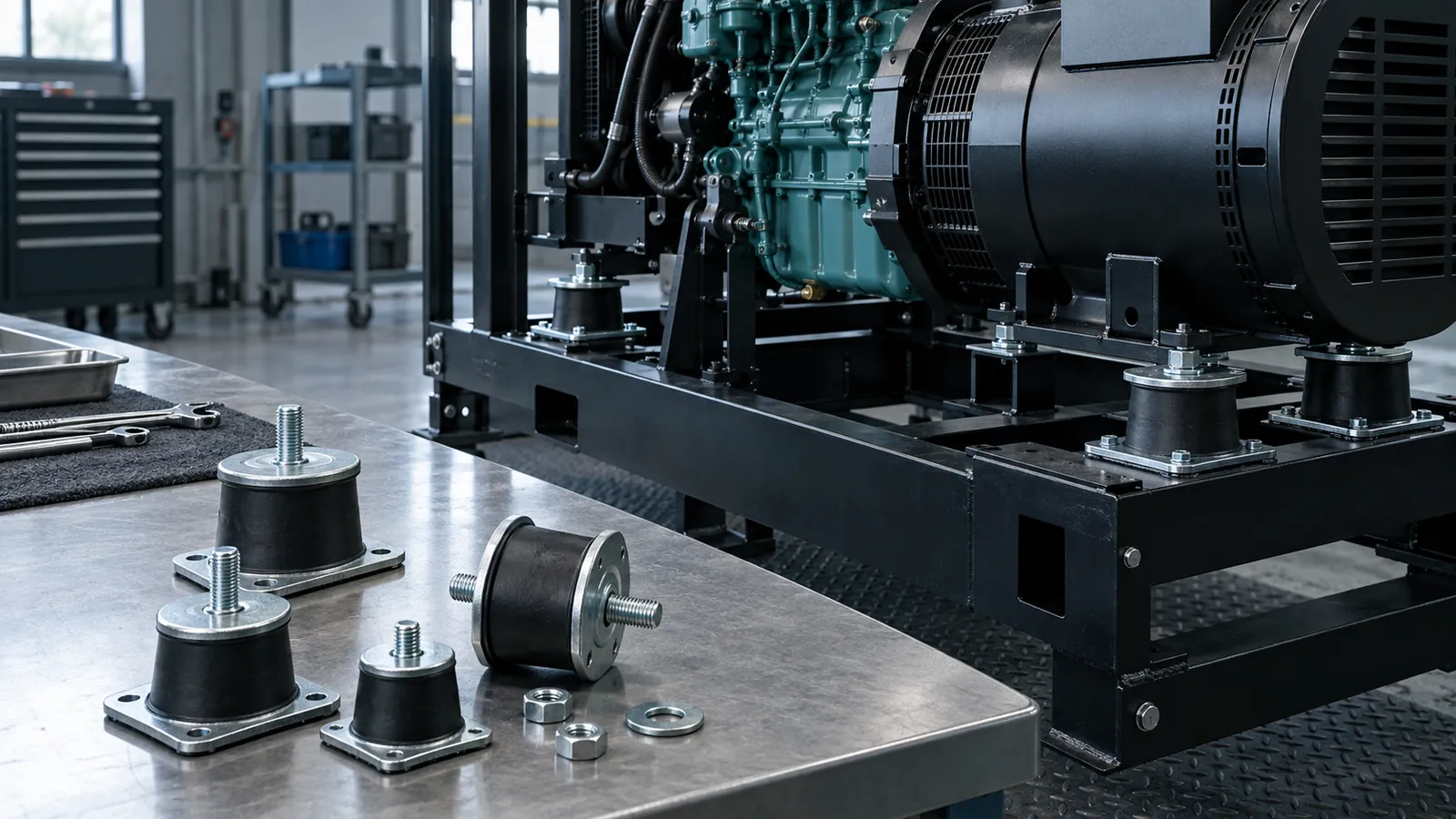 Rubber and spring vibration mounts beside industrial equipment