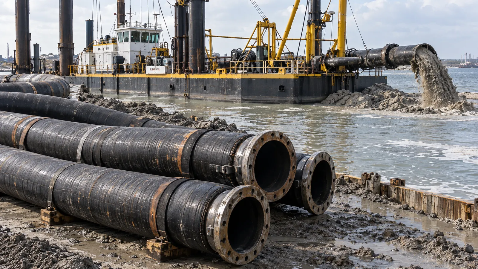 Heavy dredging hoses beside working water equipment