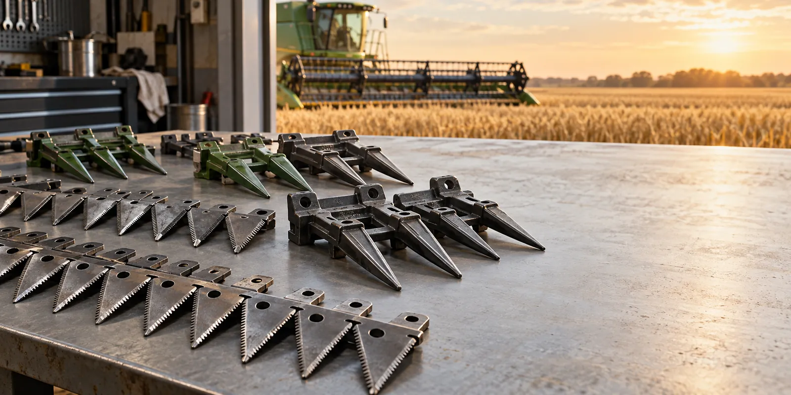 Knife sections and guards arranged for a harvest-season parts review