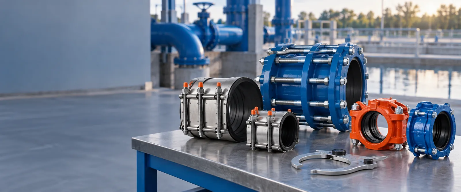 Repair clamps and pipe couplings arranged by product family and diameter