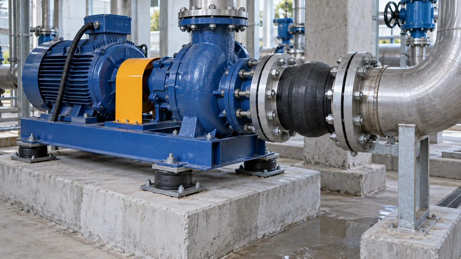 Rubber and spring vibration mounts beside industrial equipment