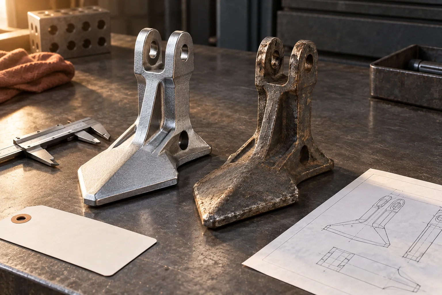 Finished and worn agricultural metal parts compared beside a drawing