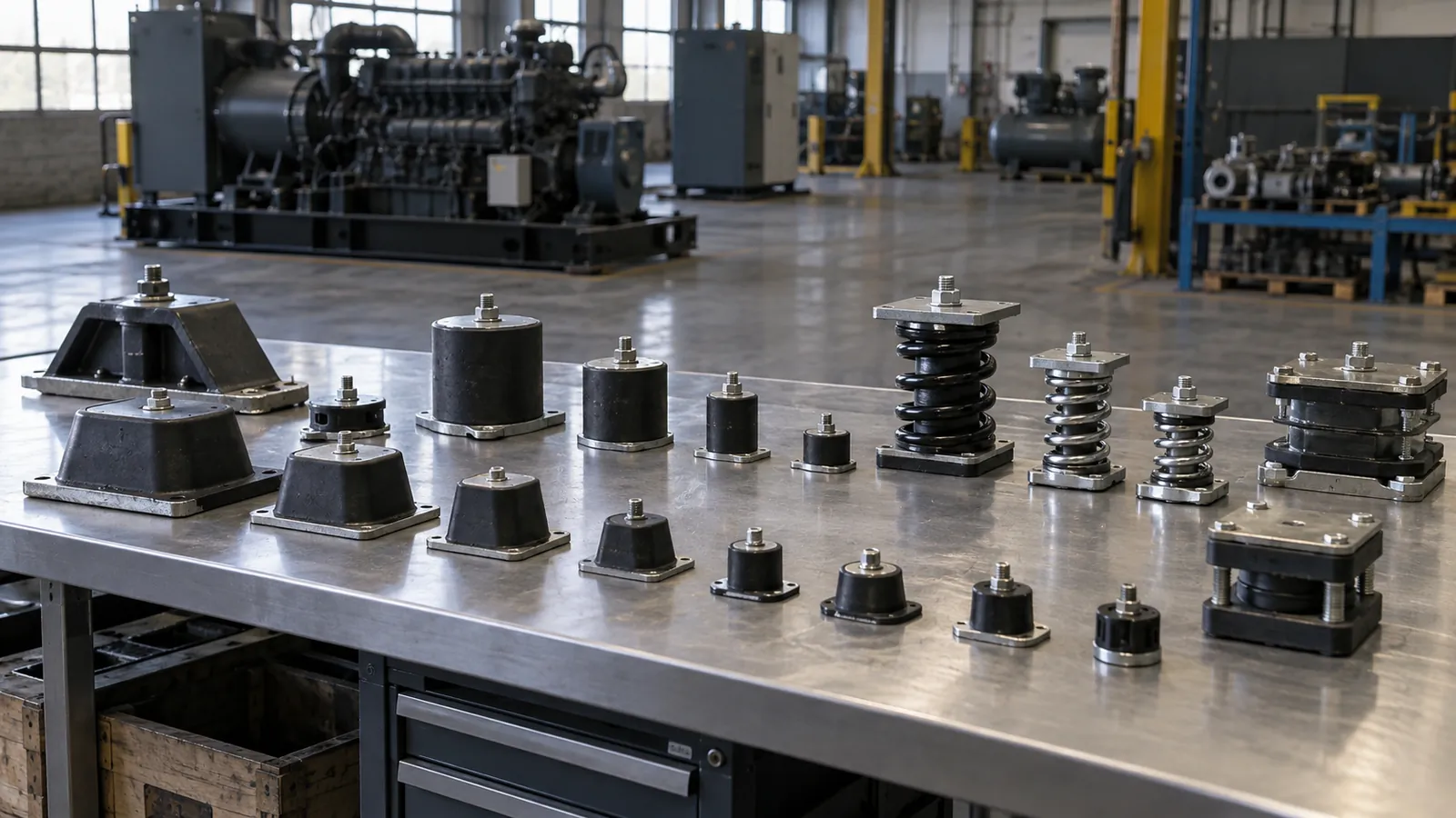 Rubber and spring vibration mounts beside industrial equipment