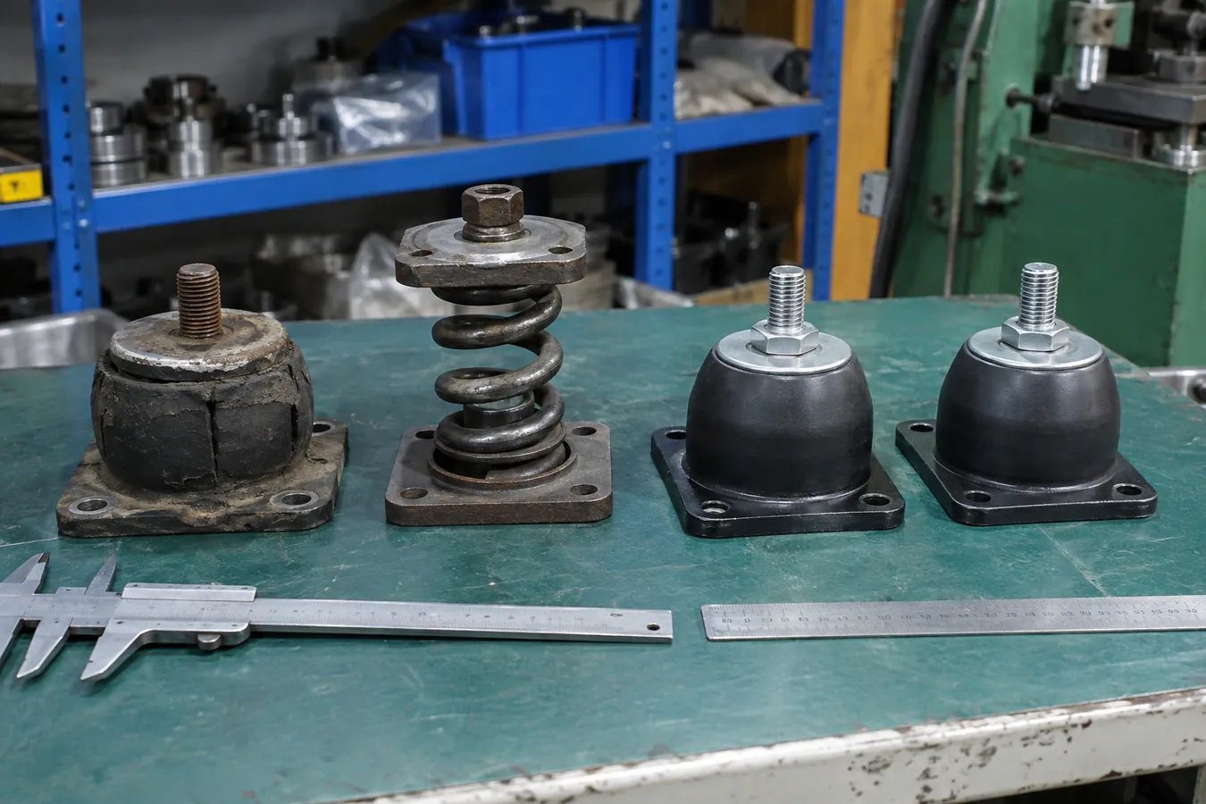 Rubber and spring vibration mounts beside industrial equipment