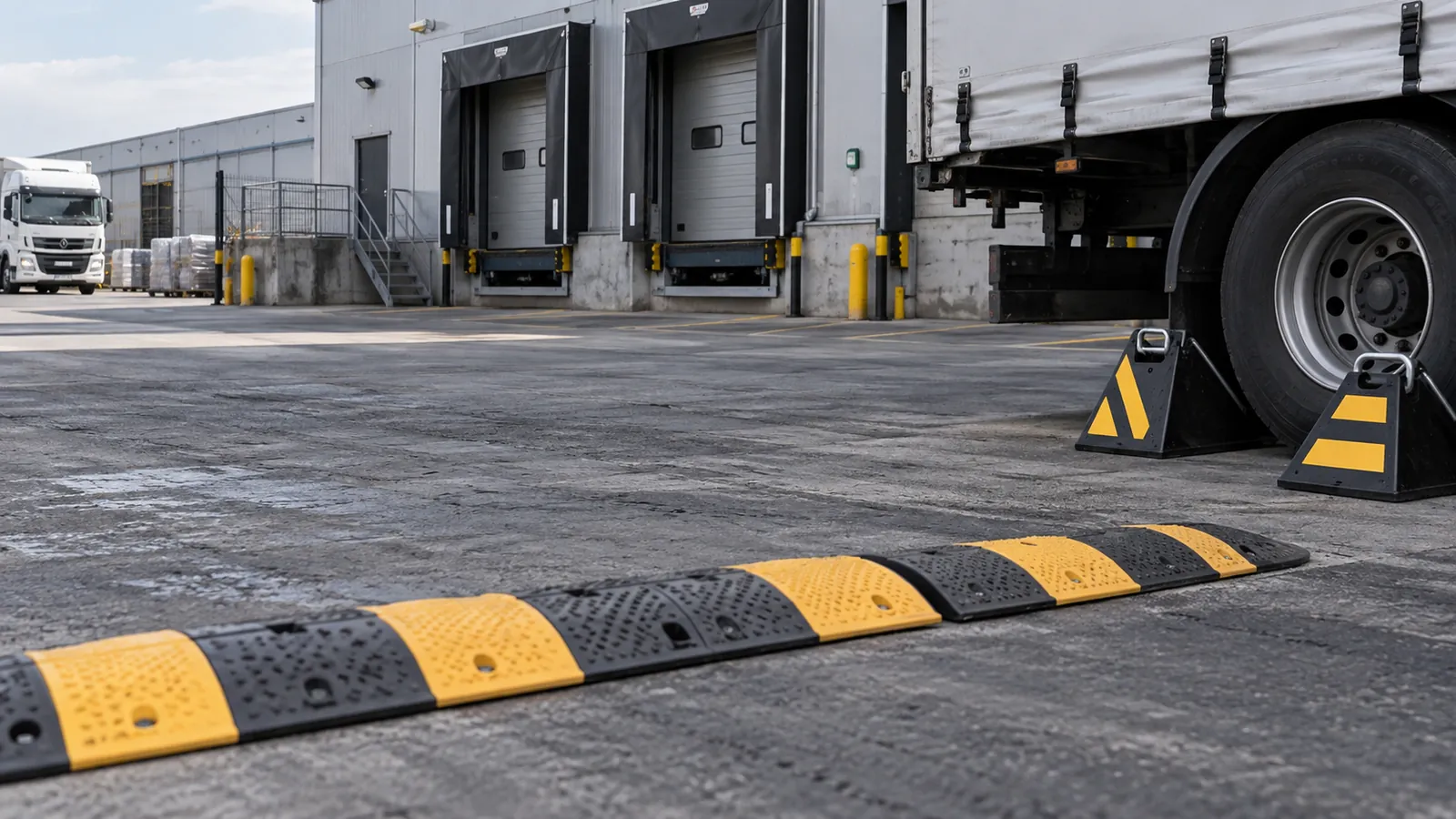 Rubber speed bumps and wheel chocks in a loading yard