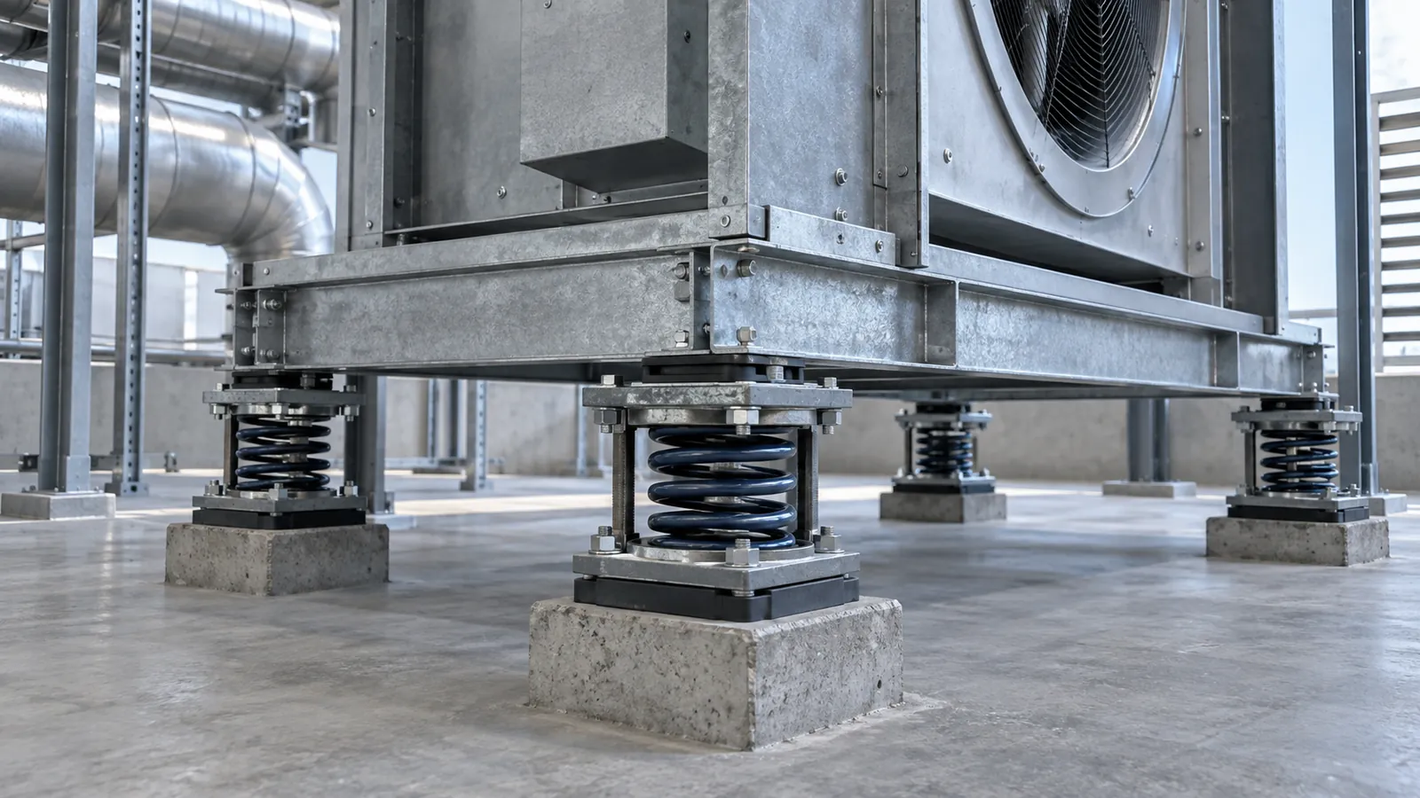 Rubber and spring vibration mounts beside industrial equipment