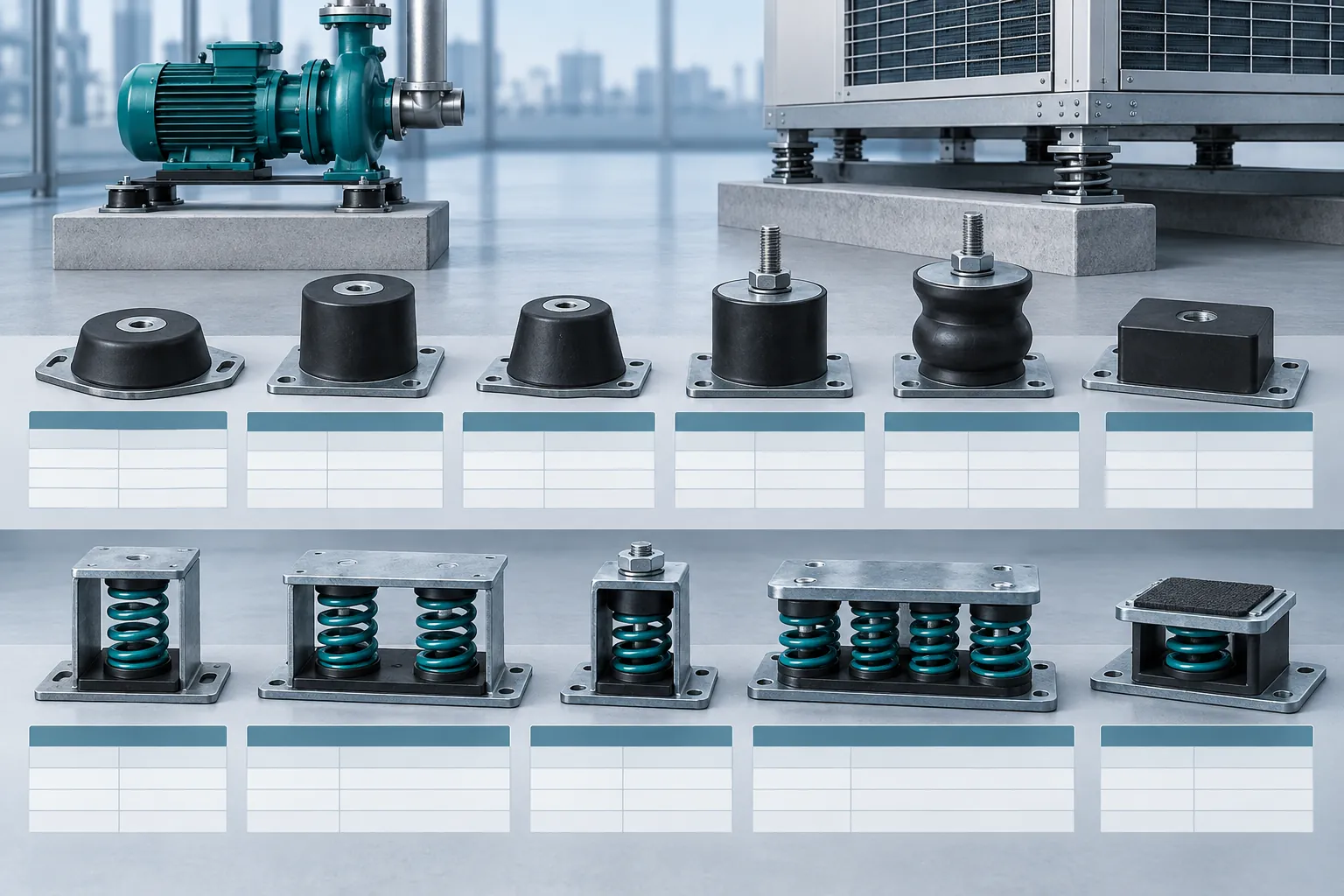 Rubber and spring mounts organized with equipment application data cards