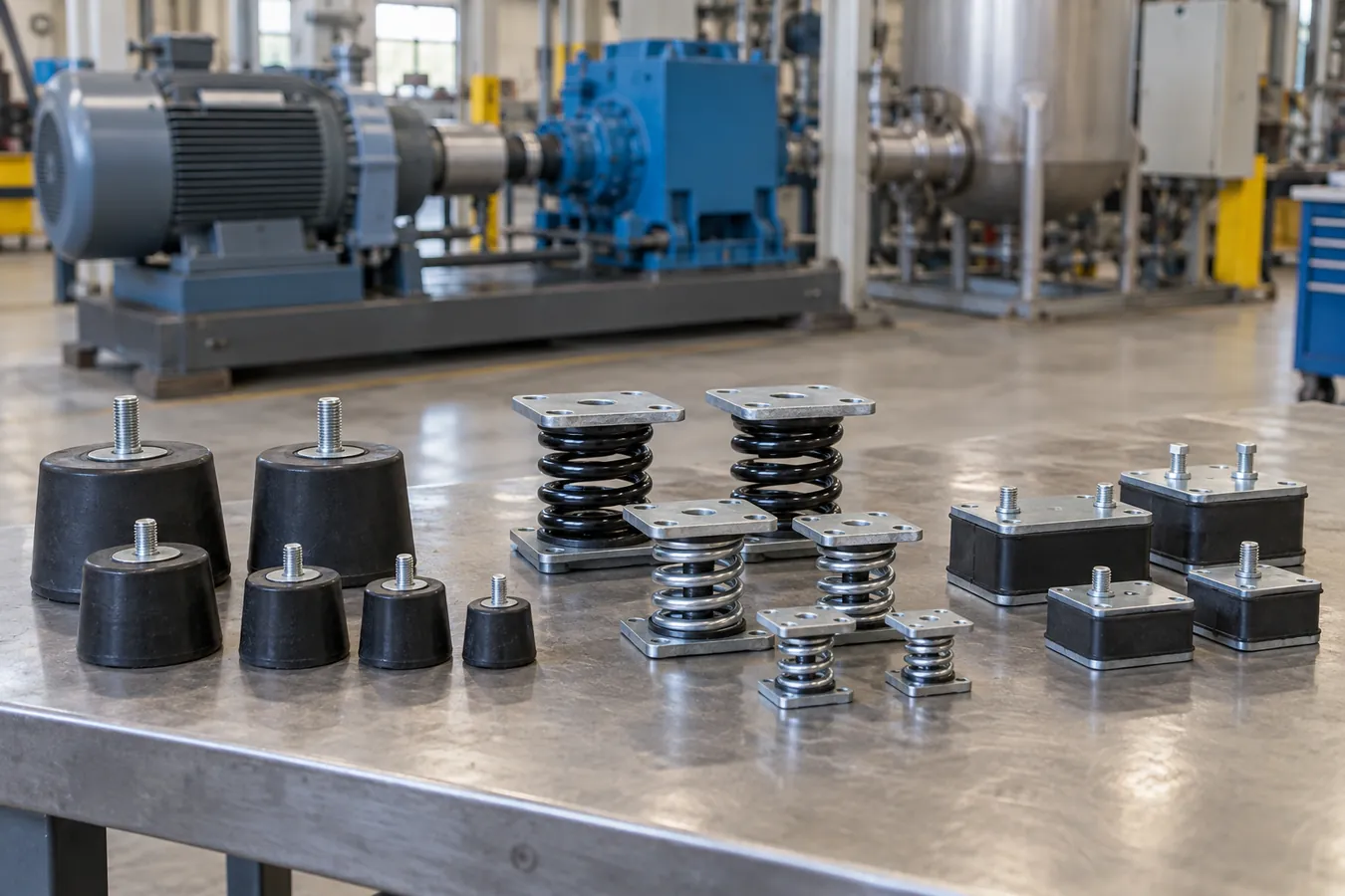 Rubber and spring vibration mounts beside industrial equipment