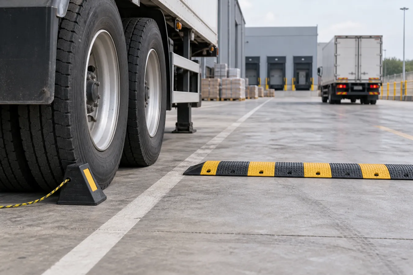 Rubber speed bumps and wheel chocks in a loading yard