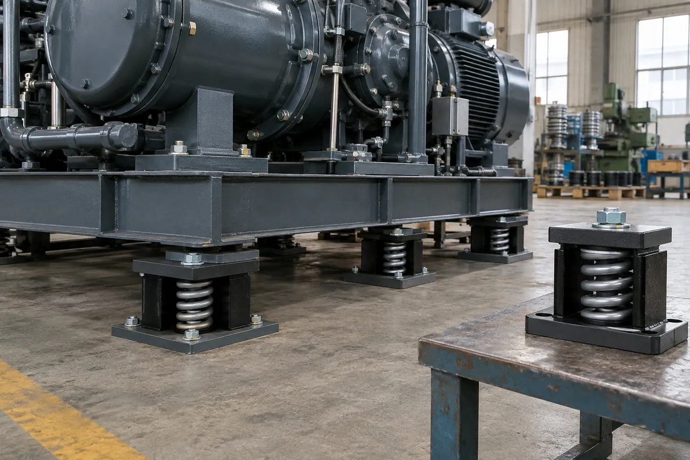 Rubber and spring vibration mounts beside industrial equipment