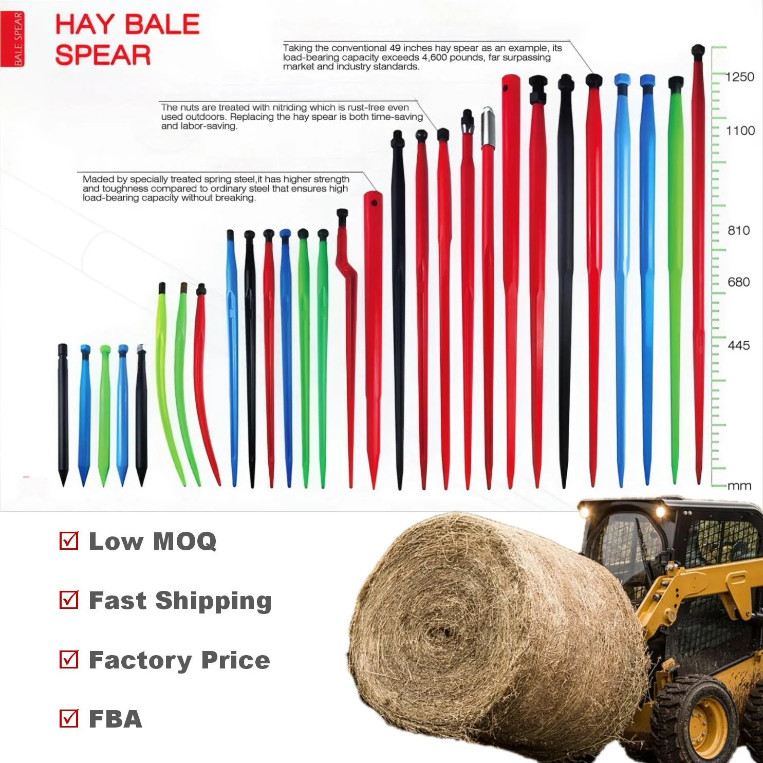 Steel Hay Grass Silage Fork Loader Crane Spear Tine Tedder Arm for Tractor Skid Steer Forklift