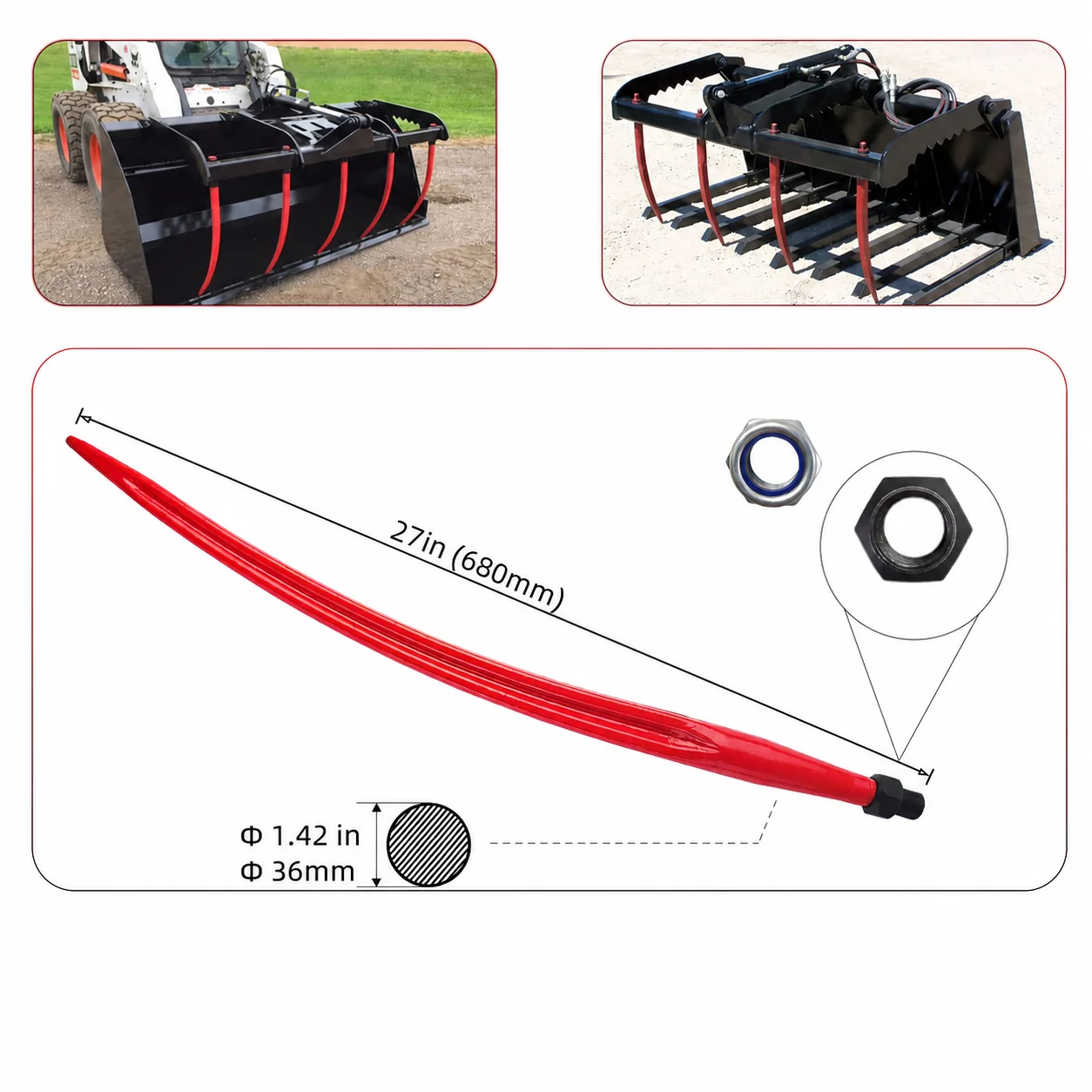 Fork Tine Length 680 Diameter 36 Curved Hay Bale Spear Hay Attachment Replacement Parts Loader Tine 36*680 for Tractor for Farm