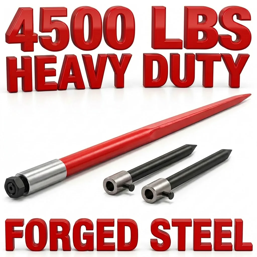 4500 Lbs Rated 49 Inch Hay Bale Spear Forged Spring Steel Bale Fork with Grade 10.9 Nut for Tractor Skid Steer Loaders